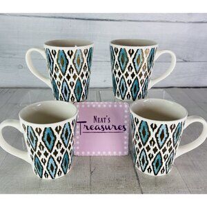 American Atelier OGEE PARAGON Blue Gold Geometric Stoneware 14oz Cup Mug Set 4